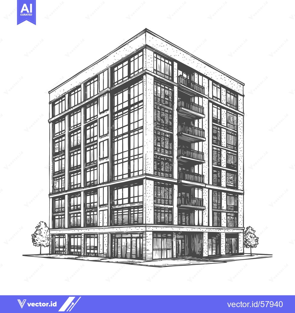 Premium Vector dari A detailed hand drawn illustration depicts a tall residential building