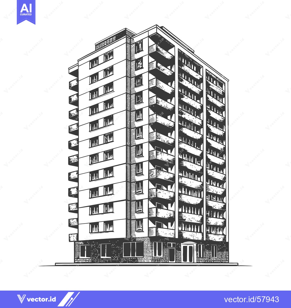 Premium Vector dari A detailed black and white illustration of a tall apartment building