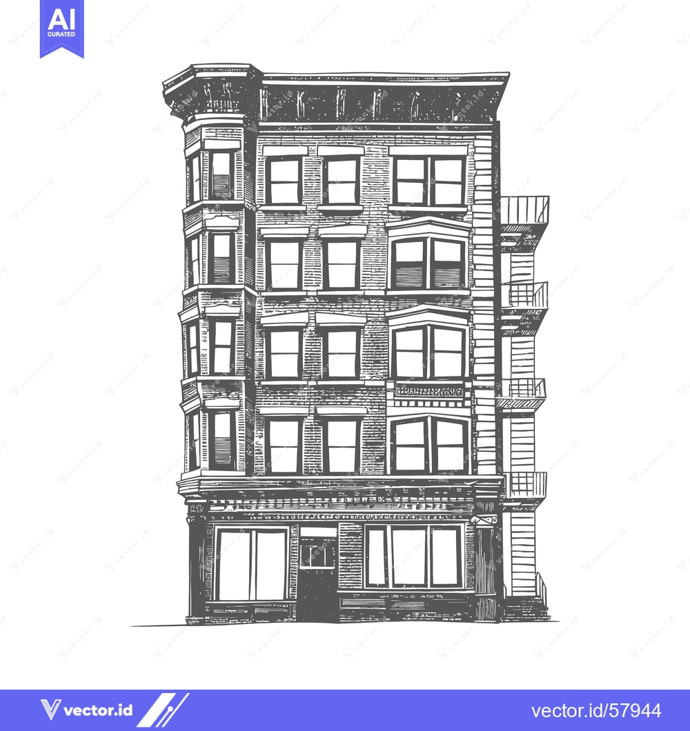 Premium Vector dari A detailed illustration of an old apartment building in grayscale