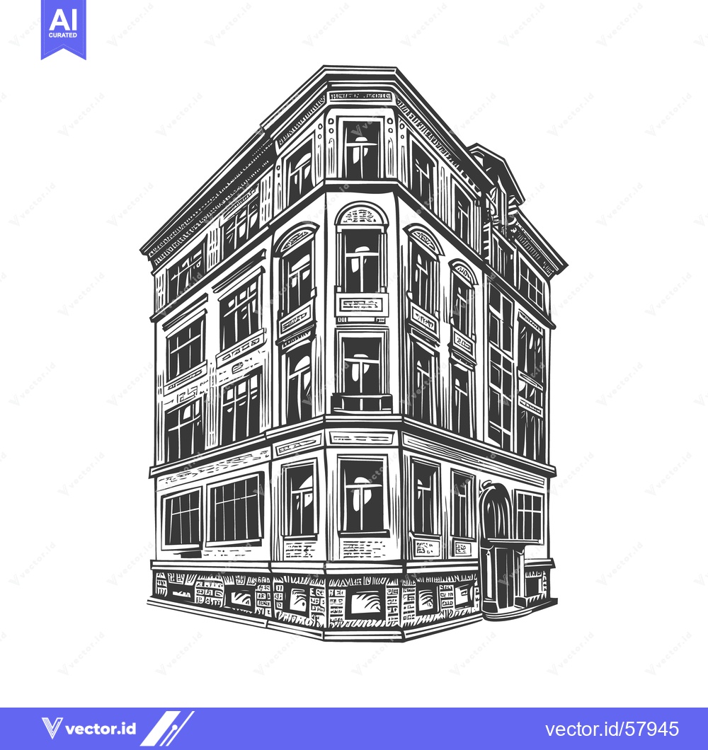 Premium Vector dari Detailed monochrome drawing of a classical three story building corner