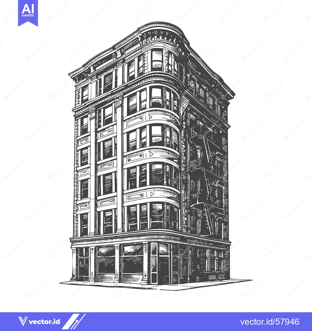 Premium Vector dari An elegant corner commercial building illustration in pen and ink styl