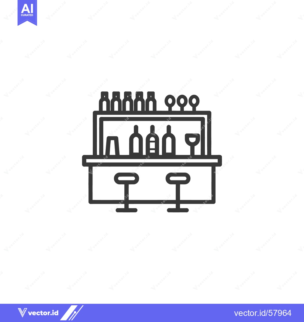 Premium Vector of Minimalist Bar Icon: Bottles, Glasses, Stools, and Counter in Line Art