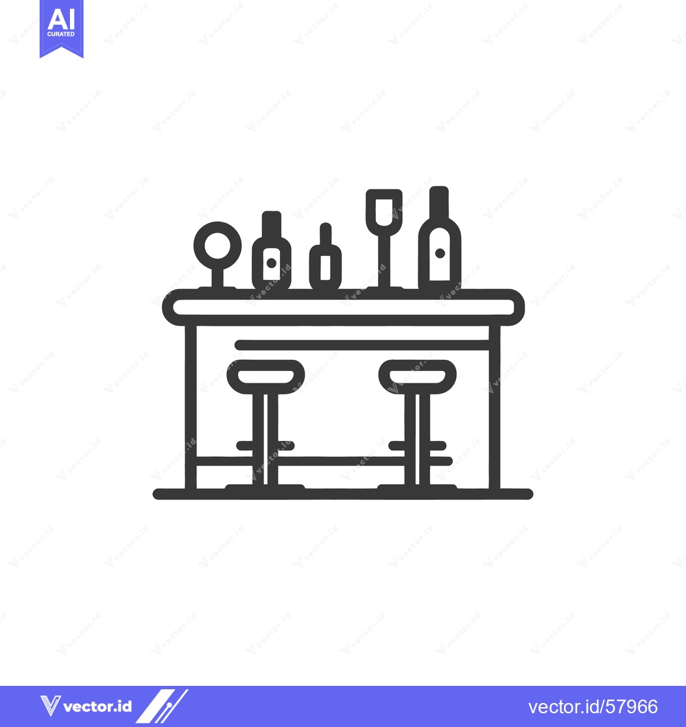 Premium Vector of Minimalist Bar Icon: Bottles, Glass, and Stools in Line Art Style