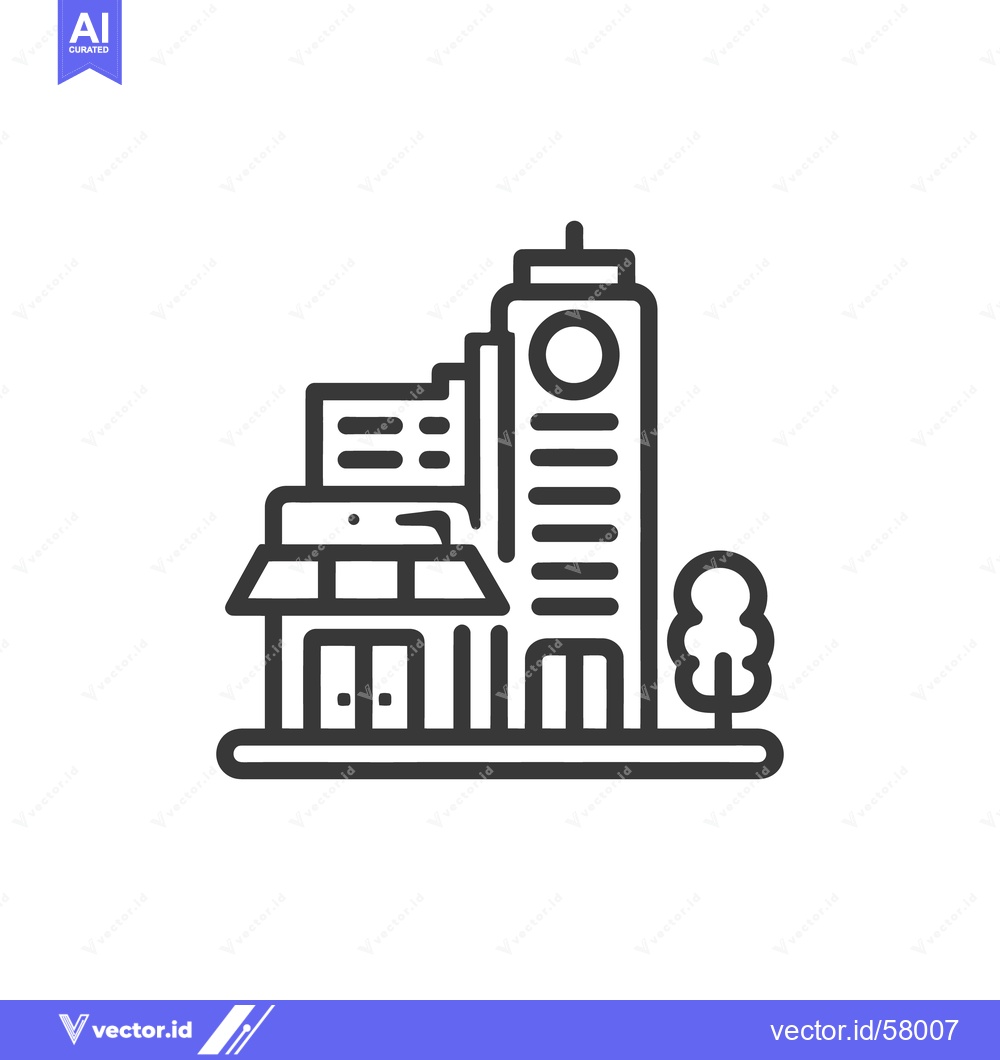 Premium Vector dari Minimalist Line Art: Modern Building Complex with Tower and Tree