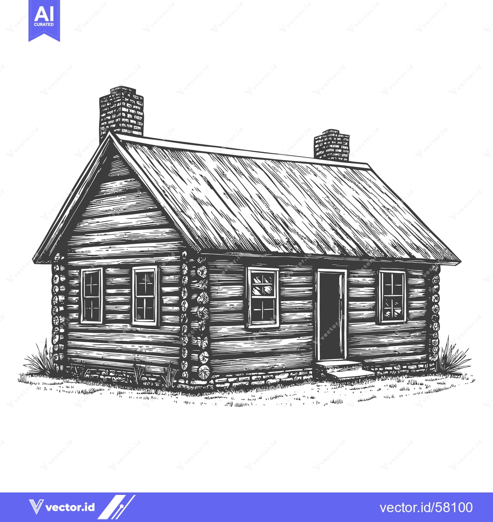 Premium Vector of Detailed black and white illustration of a wooden cabin home