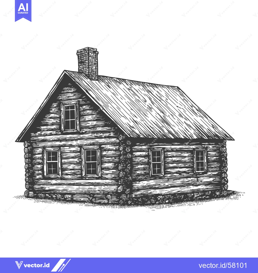 Premium Vector dari An illustration depicts a rustic log cabin with chimney and windows