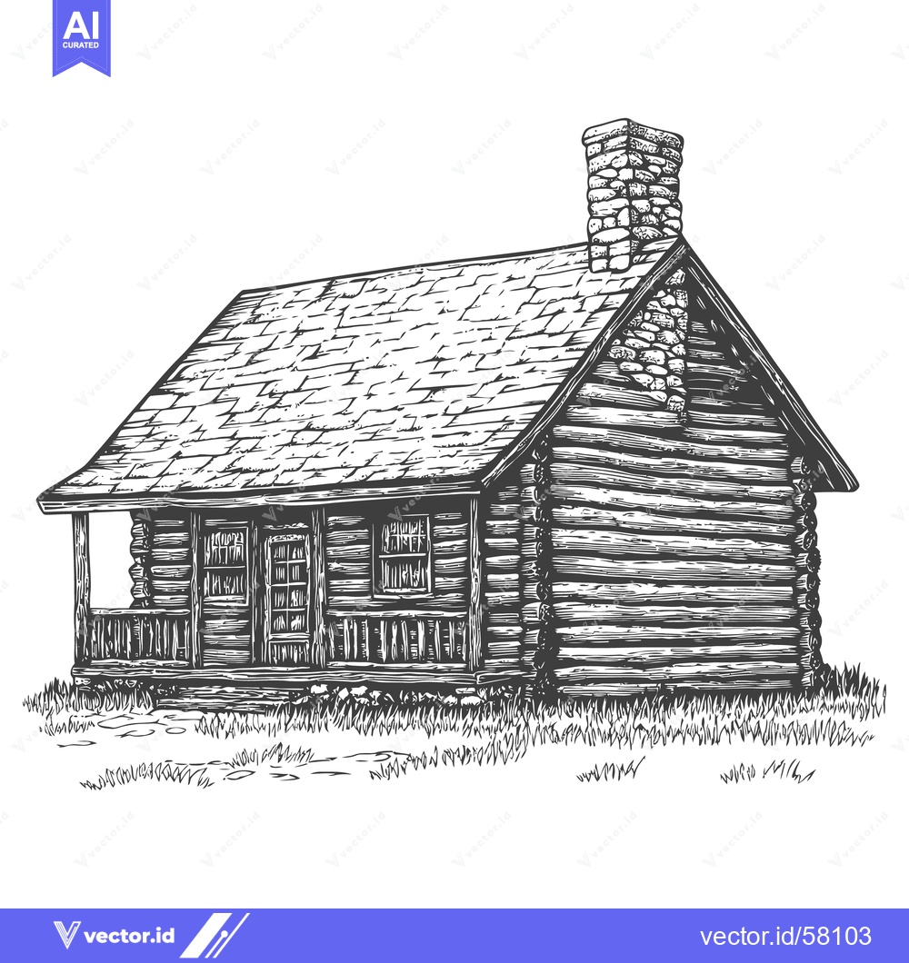 Premium Vector of Detailed ink drawing of a rustic log cabin in a landscape