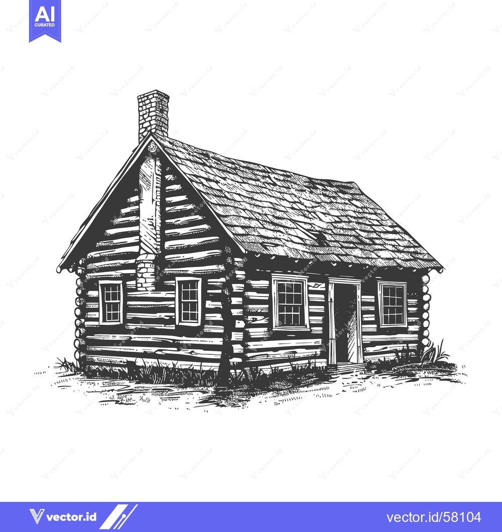 Premium Vector dari A detailed illustration depicts a rustic log cabin structure