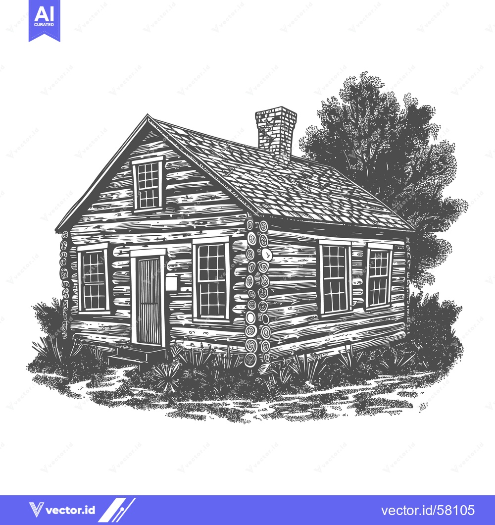 Premium Vector dari A detailed illustration of a log cabin standing amongst greenery