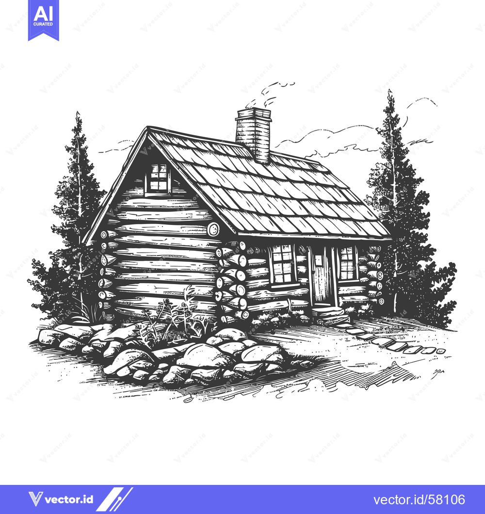 Premium Vector dari A simple black and white illustration of a log cabin home