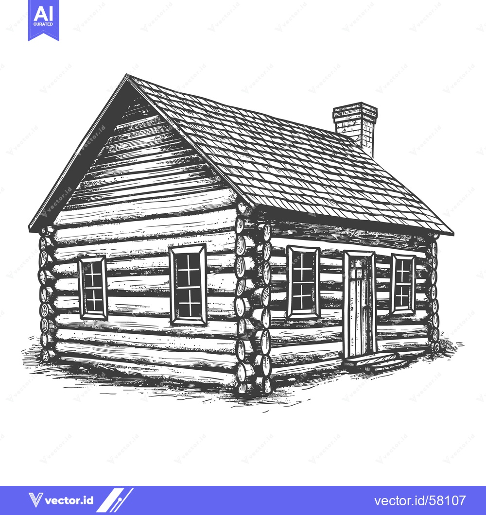 Premium Vector dari A detailed hand drawn illustration of a wooden log cabin