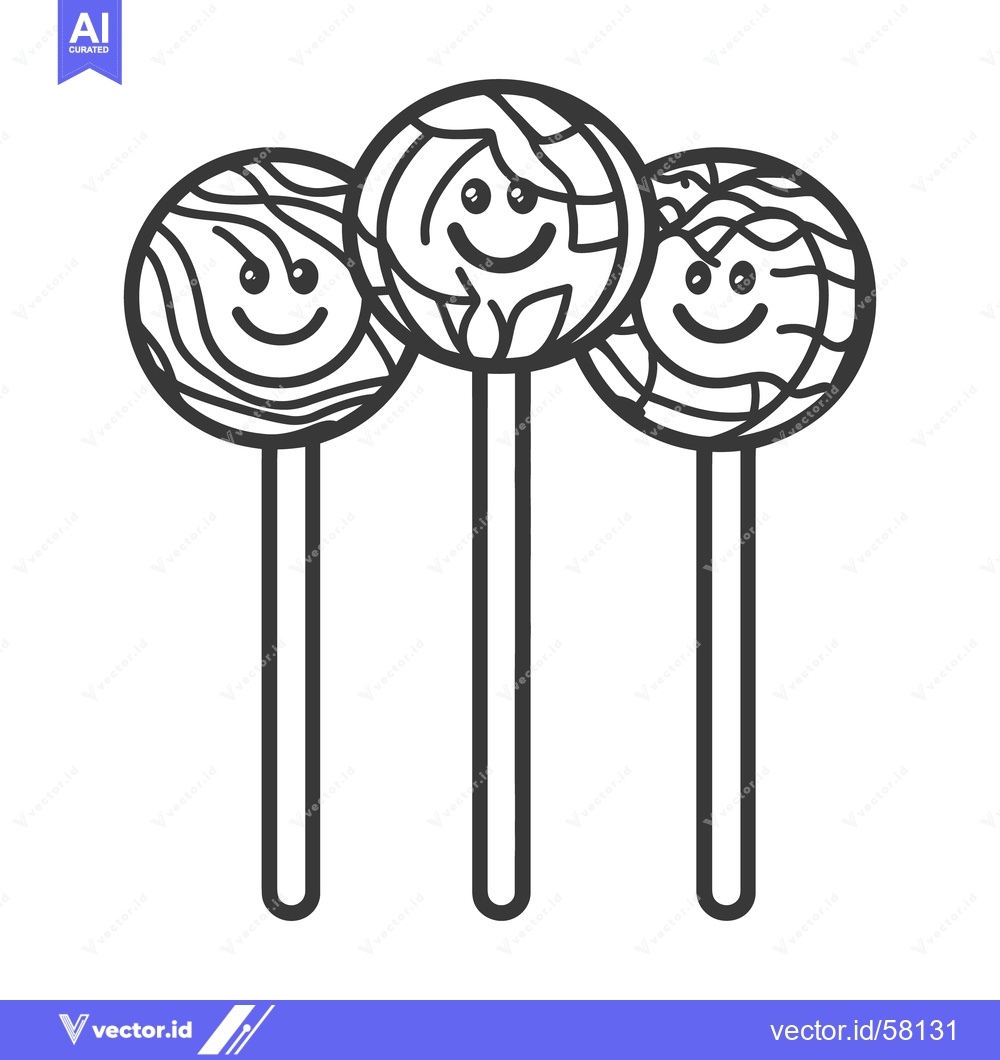 Premium Vector of Three happy round candy lollipops with smiling cartoon faces on them