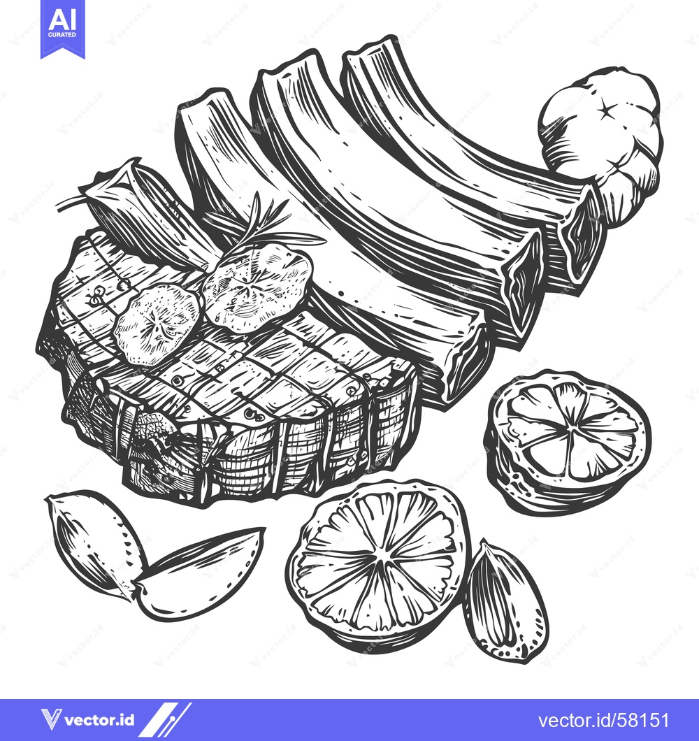 Premium Vector dari Detailed monochrome illustration depicts roasted meat and food ingredi
