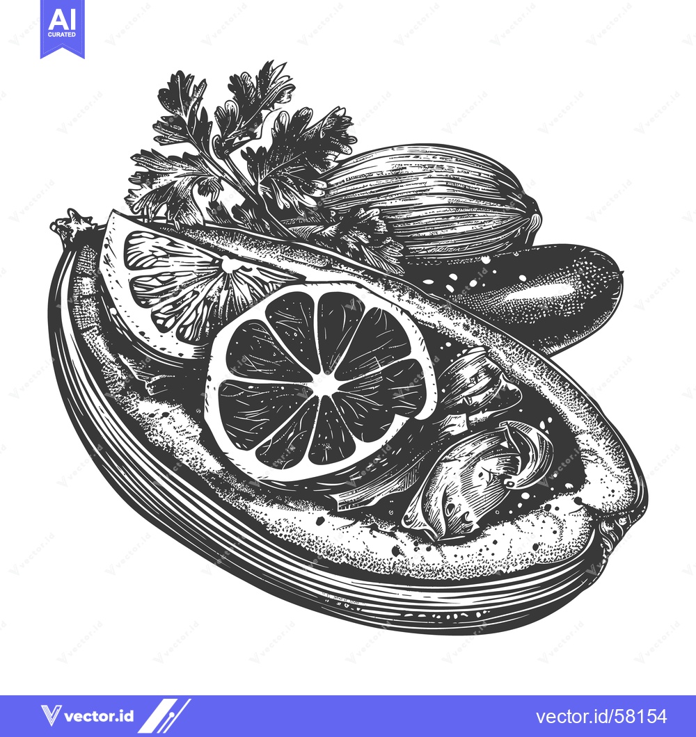 Premium Vector dari A stylized detailed drawing showcasing prepared seafood and vegetables