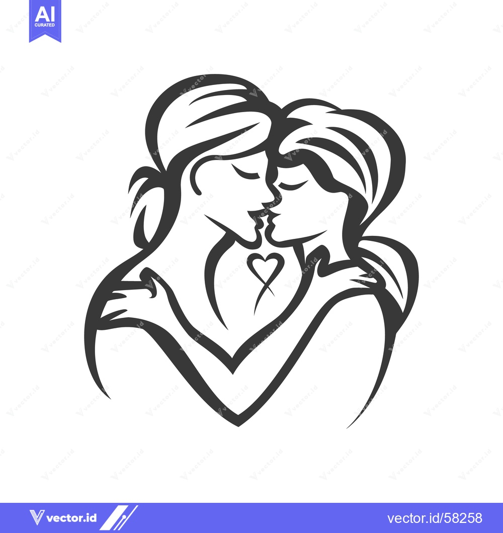 Premium Vector of A stylized illustration depicts two women embracing and kissing each o