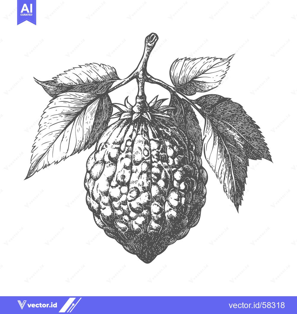 Premium Vector of A detailed sketch depicts a fruit on a slender branch with leaves