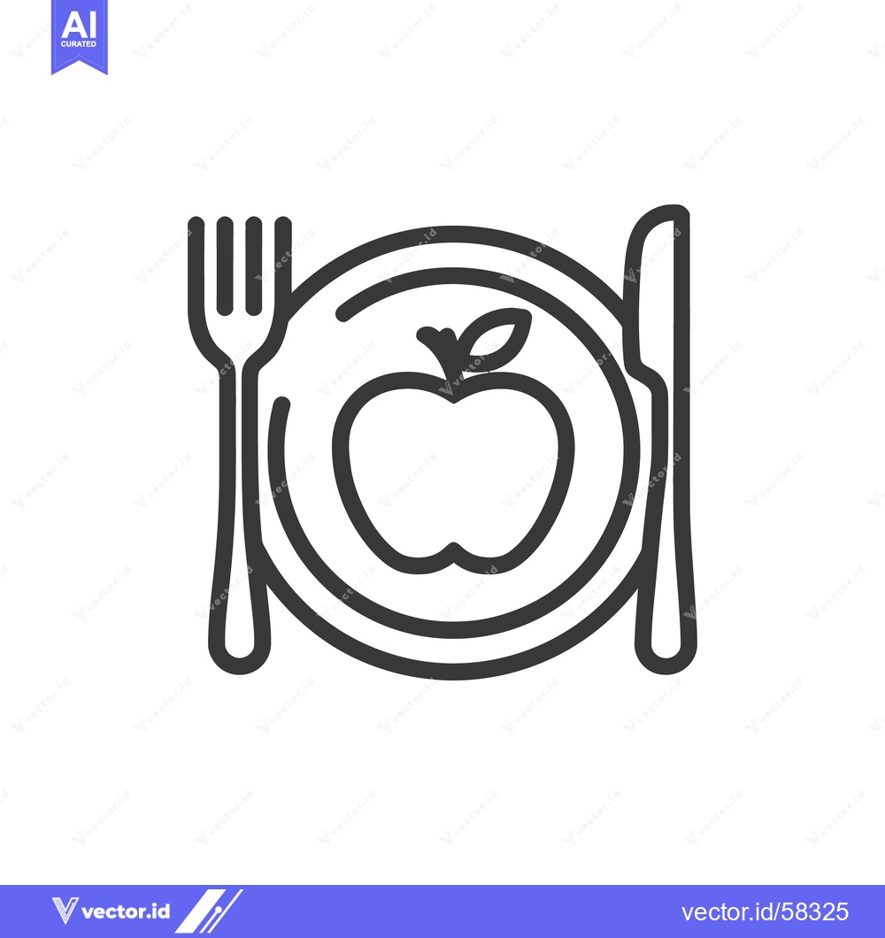 Premium Vector dari Minimalist Apple on Plate Icon with Fork and Knife Outline