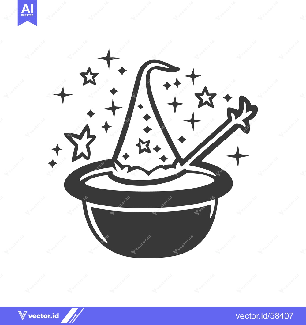 Premium Vector dari A stylized image depicts a cauldron with a wizards hat