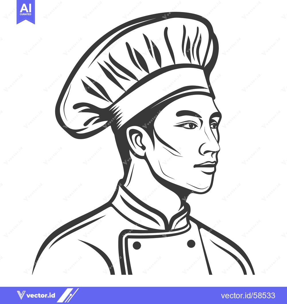 Premium Vector dari A chef wearing a tall white hat and uniform looks rightward
