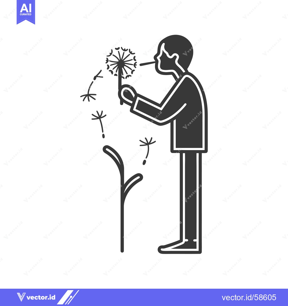 Premium Vector of Man Blowing on a Dandelion with Seeds Flying Away