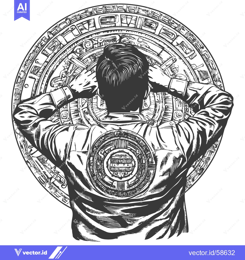 Premium Vector of Man Encircled by a Detailed Circular Design, Possibly a Manhole Cover