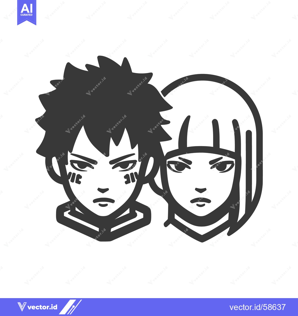 Premium Vector of Stylized Duo: Boy with Spiky Hair and Girl with Bangs, Minimalist Blac