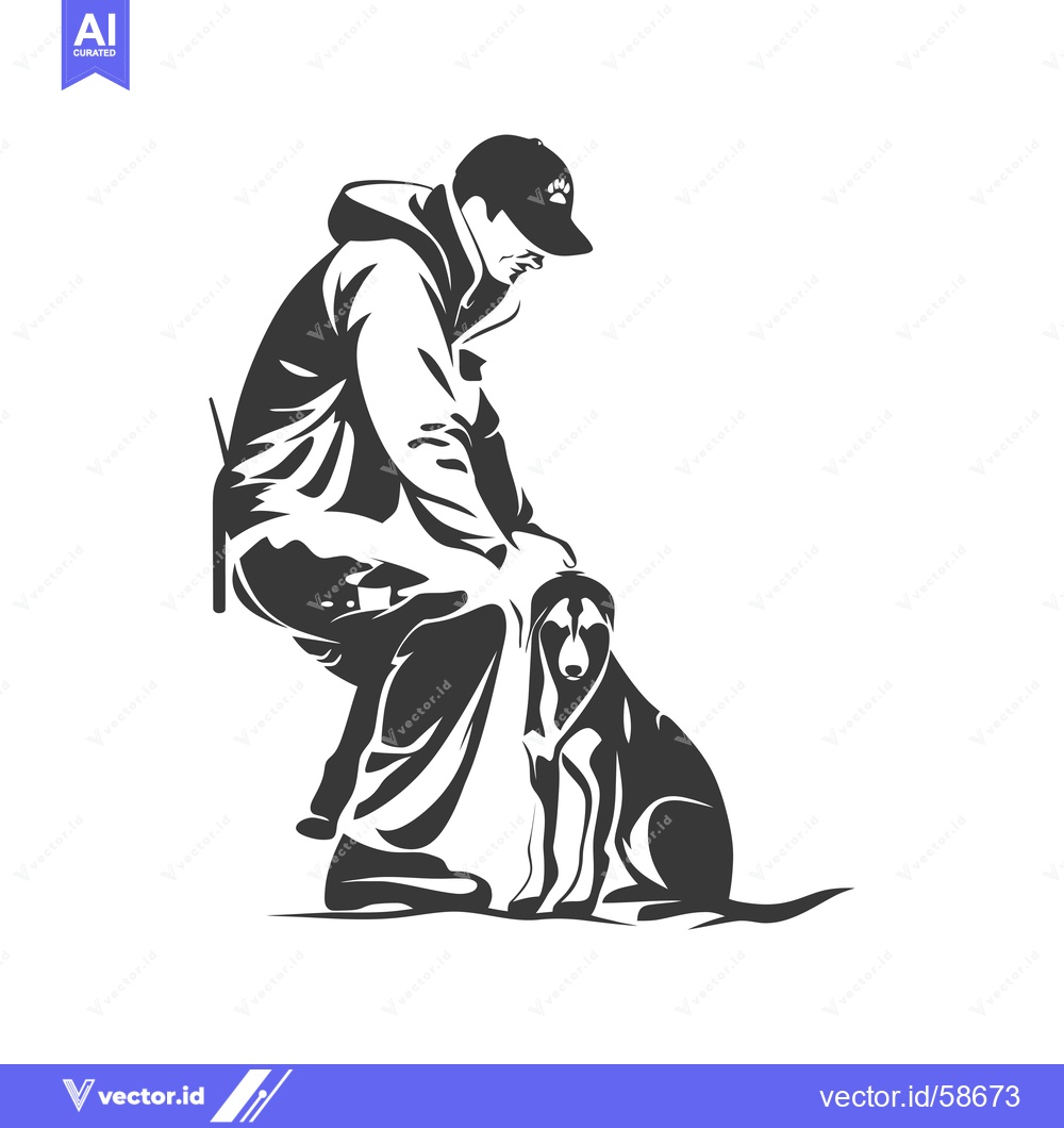 Premium Vector dari Man in a Cap Kneeling Next to a Dog