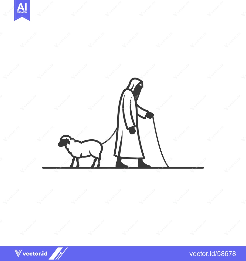 Premium Vector of Man in a Robe Leading a Sheep with a Staff