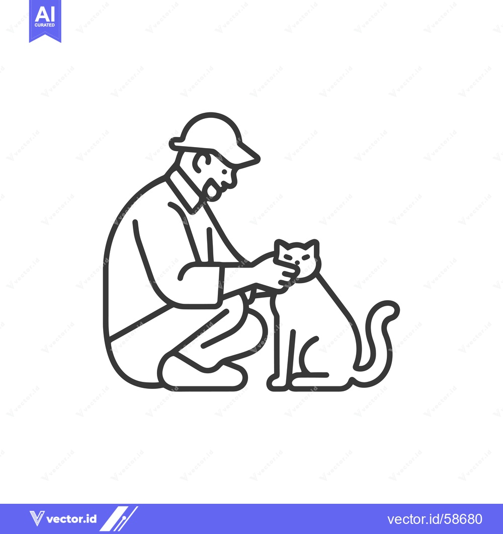 Premium Vector dari Man in Hat Kneeling and Petting a Cat