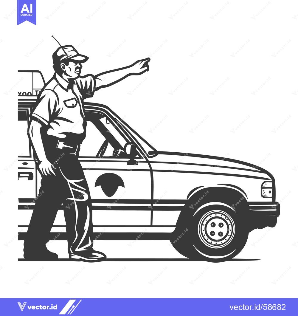 Premium Vector dari Man in Hat Pointing Toward Pickup Truck
