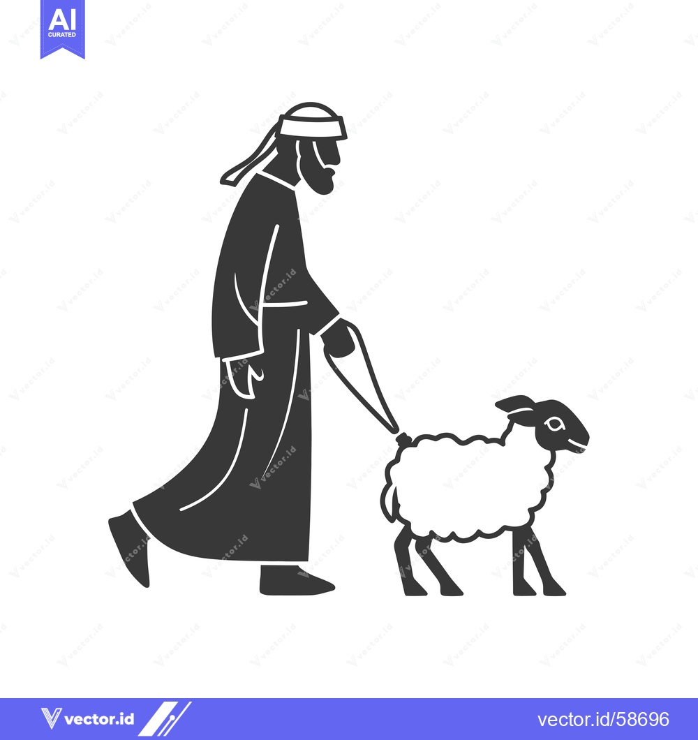 Premium Vector of Man in Traditional Clothing Leading a Sheep