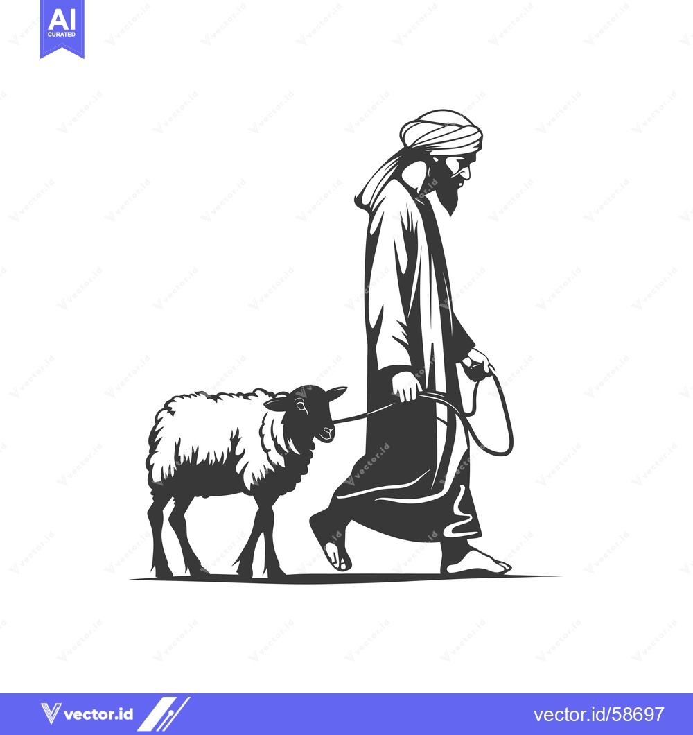 Premium Vector dari Man in Traditional Clothing Leading a Sheep