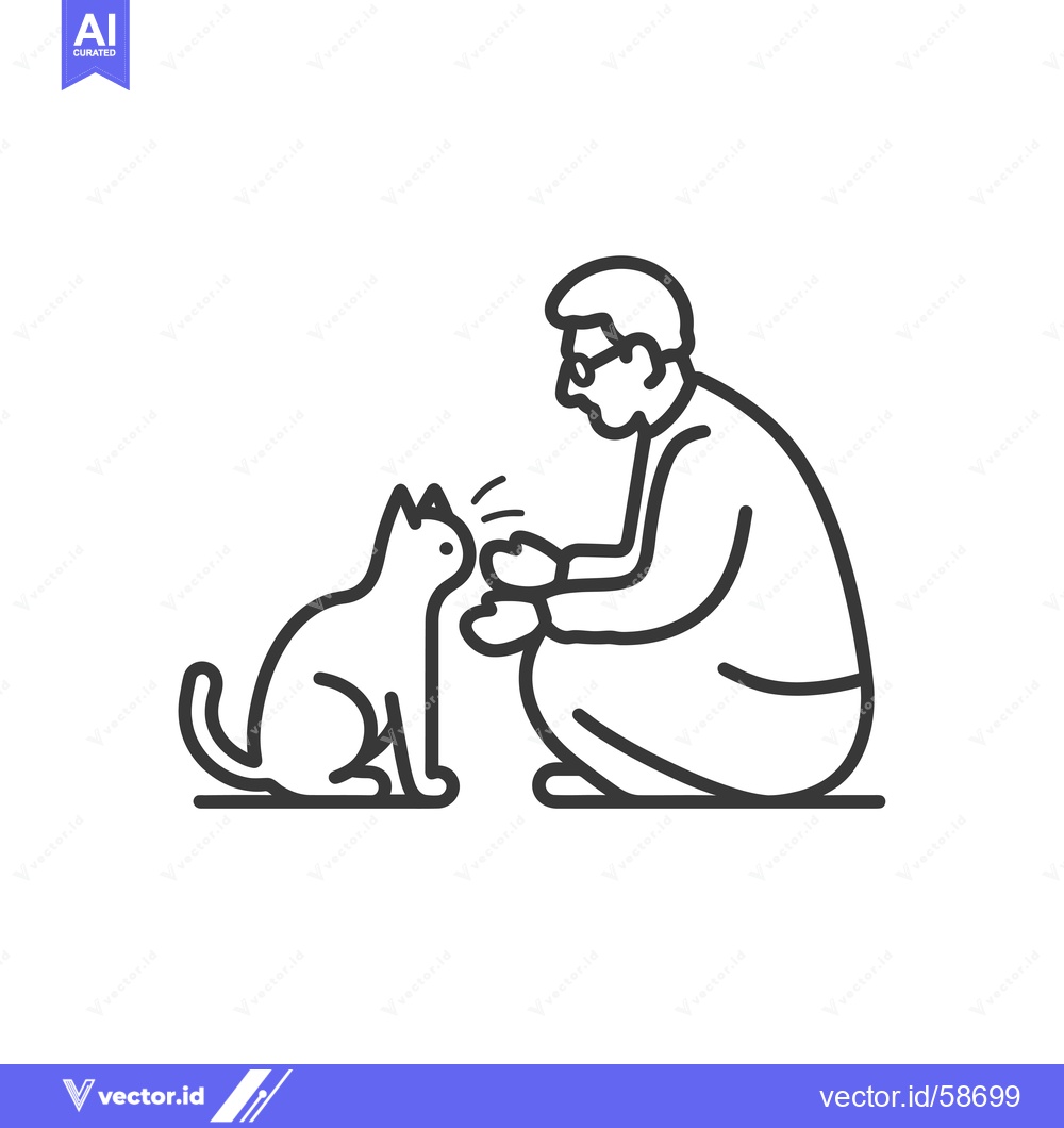 Premium Vector dari Man Kneeling and Looking at a Cat