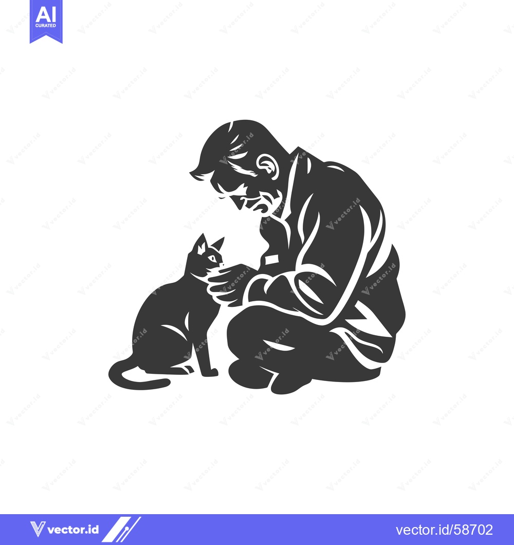 Premium Vector dari Man Kneeling with a Cat on a White Background