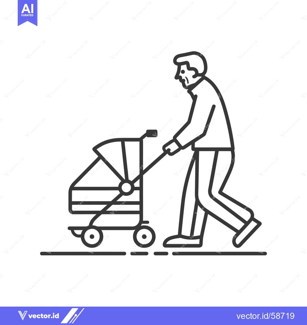 Premium Vector of Man pushing a baby stroller along a sidewalk