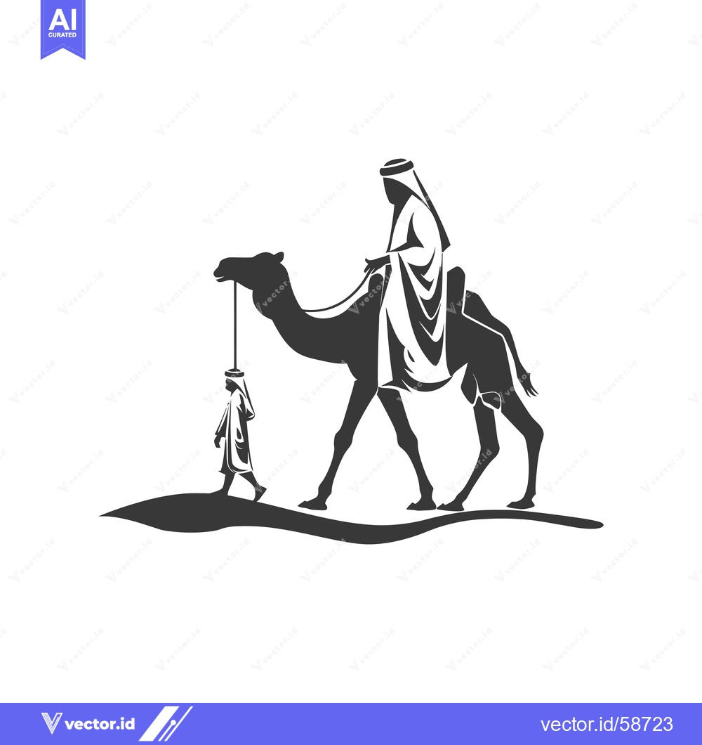 Premium Vector of Man Riding a Camel with a Small Child Walking Behind