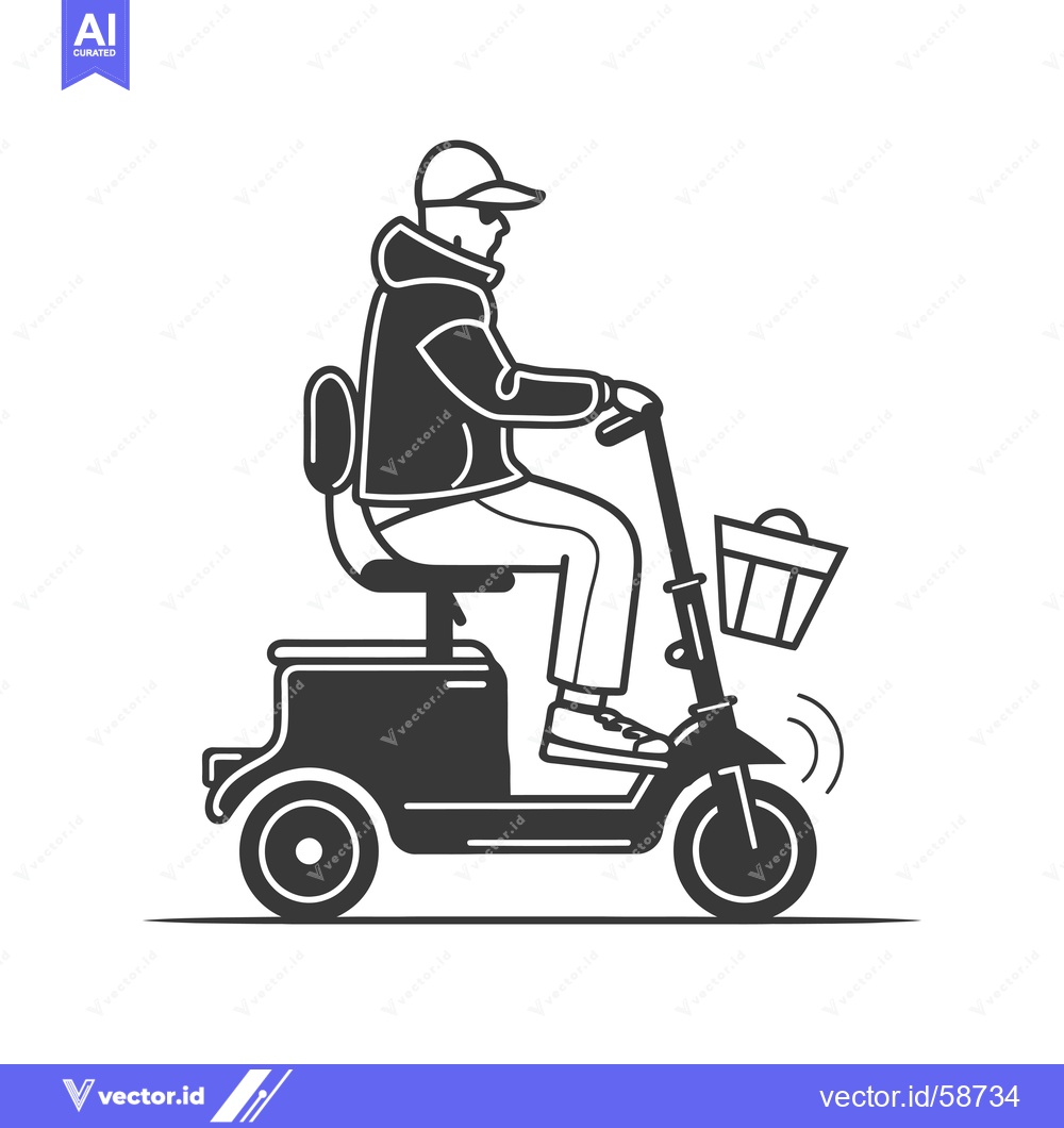 Premium Vector of Man Riding a Mobility Scooter with a Basket