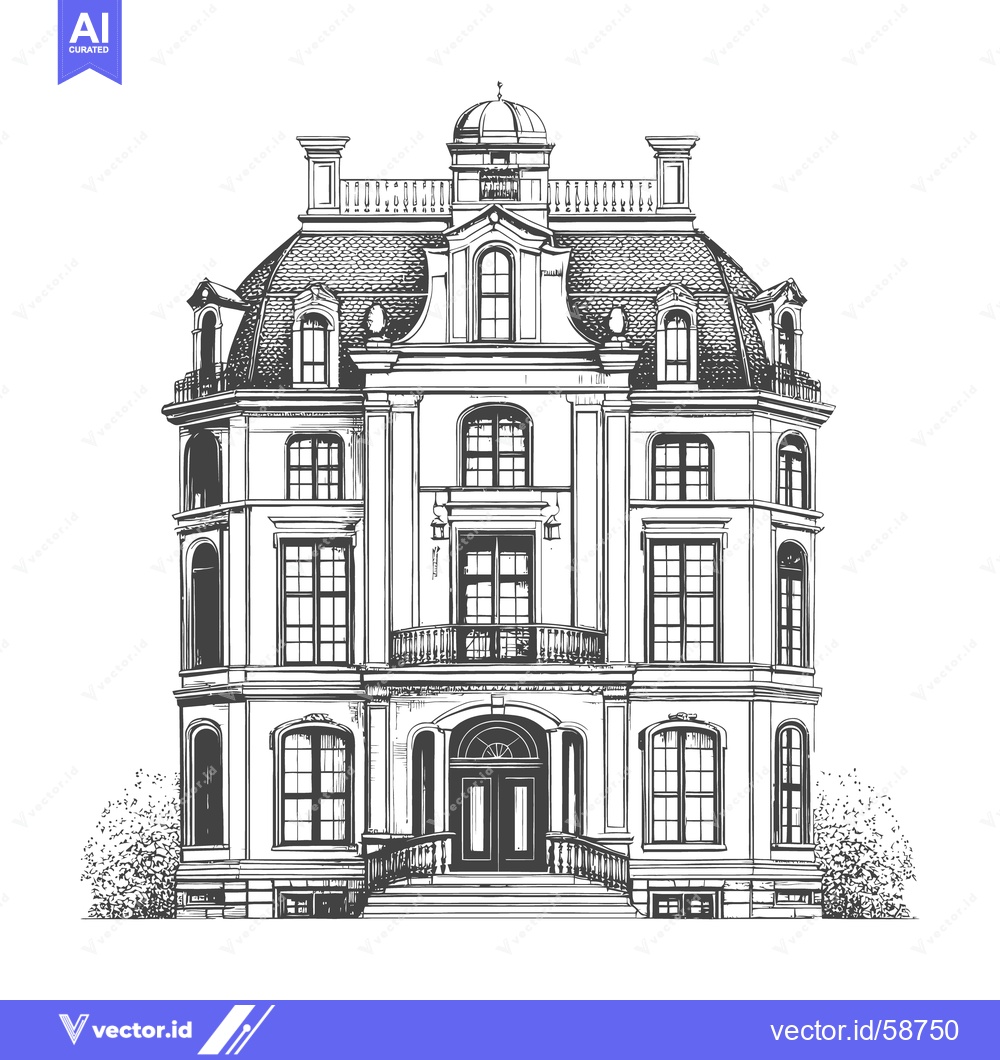 Premium Vector dari Detailed black and white line drawing of a grand mansion facade
