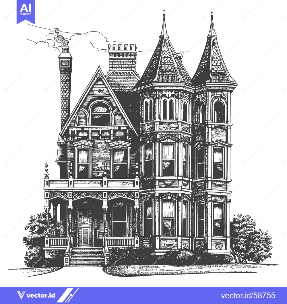 Premium Vector of Detailed black and white illustration of a grand Victorian style home