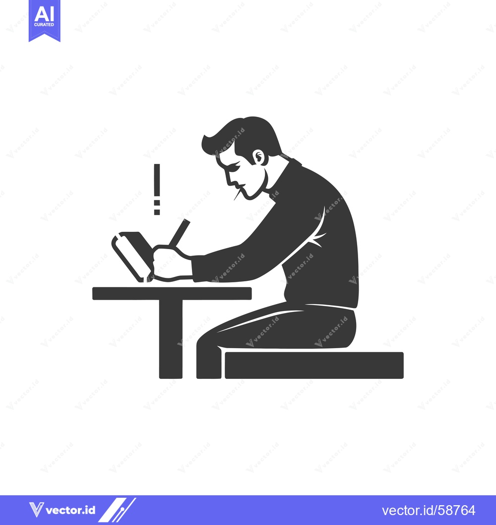 Premium Vector dari Man sitting at a table, writing in a notebook with an exclamation poin