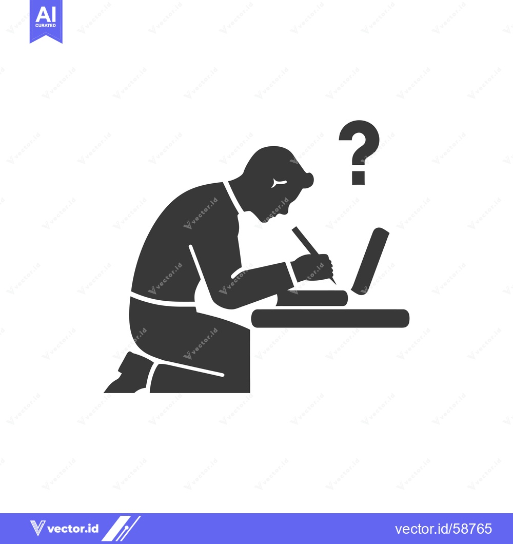Premium Vector dari Man Sitting at Desk With Laptop and Question Mark Above His Head