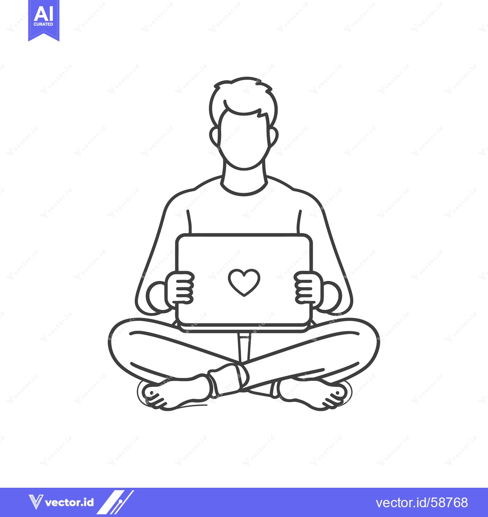 Premium Vector dari Man Sitting Cross-legged Holding Laptop with Heart on Screen