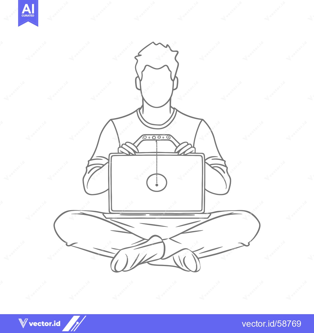 Premium Vector of Man Sitting Cross-legged with a Laptop in Front of Him