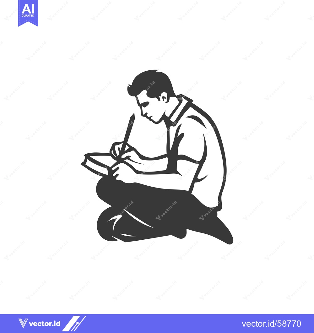 Premium Vector dari Man sitting cross-legged, writing in a notebook with a pencil