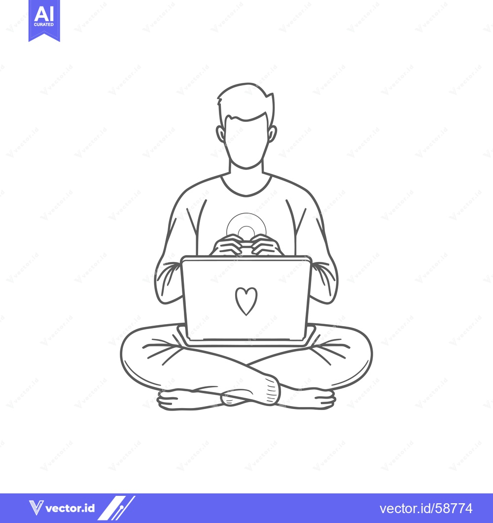 Premium Vector of Man Sitting in Lotus Pose Using Laptop with Heart on Screen