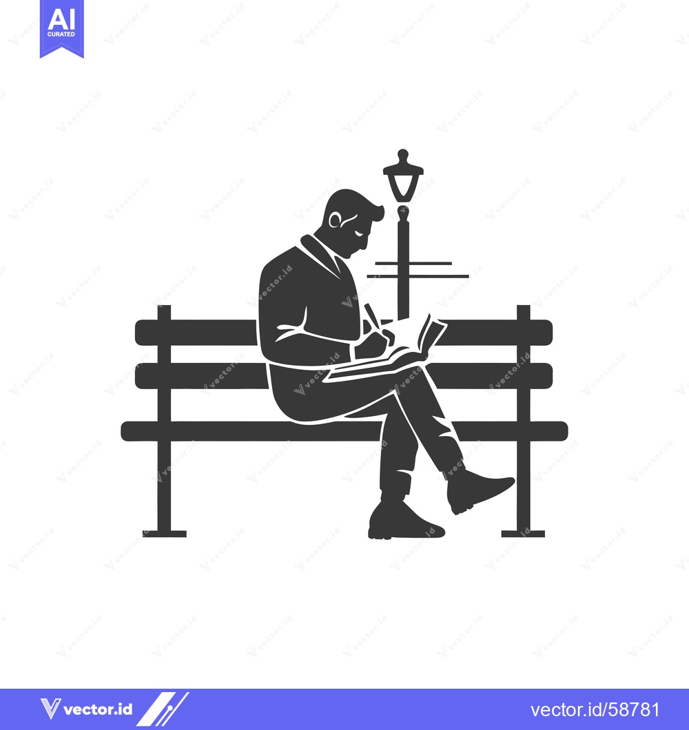 Premium Vector of Man Sitting on a Bench, Writing in a Notebook Under a Streetlight