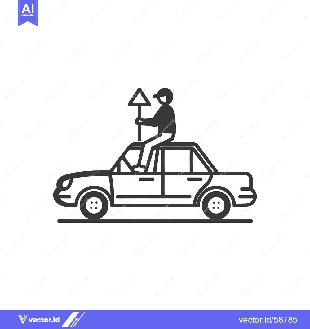Premium Vector of Man Sitting on Car Roof Holding a Triangle Sign