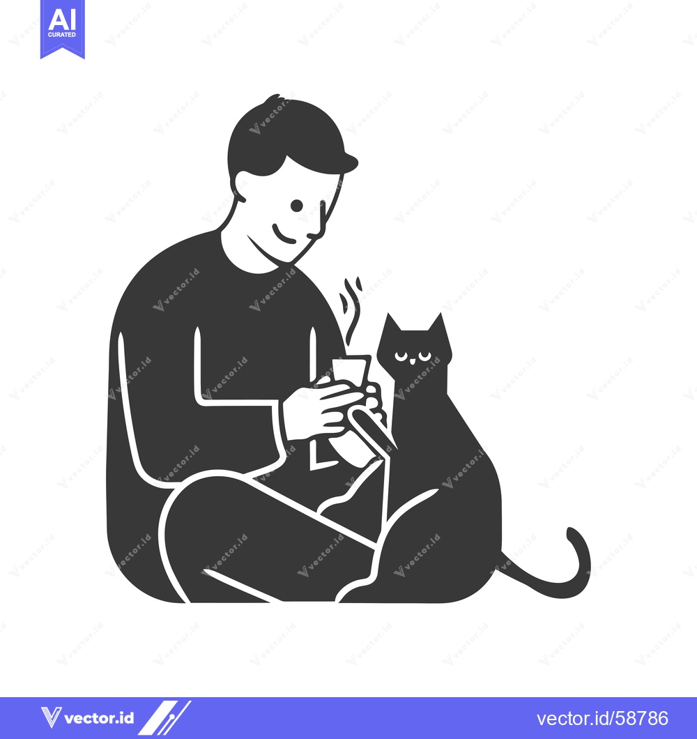 Premium Vector of Man Sitting with a Cat and Holding a Cup of Coffee