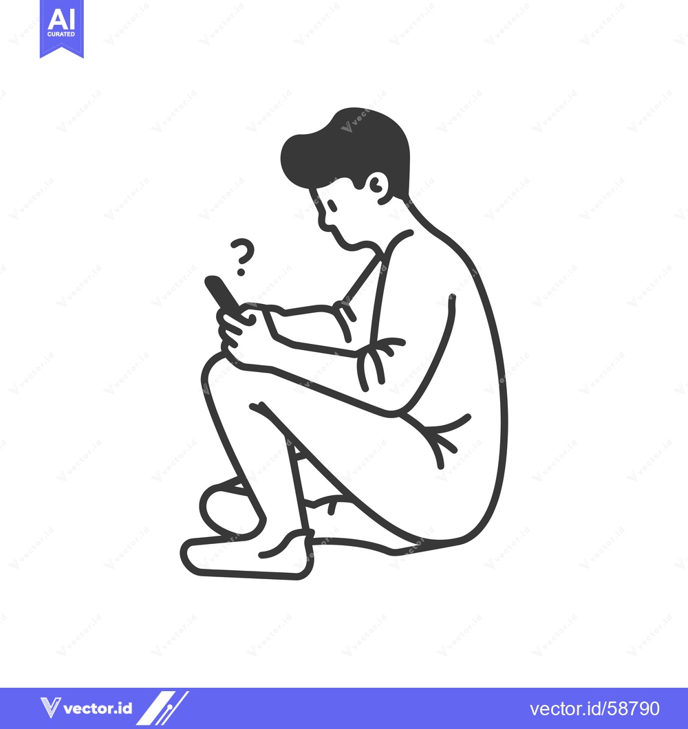 Premium Vector of Man Sitting with Phone, Confused Expression