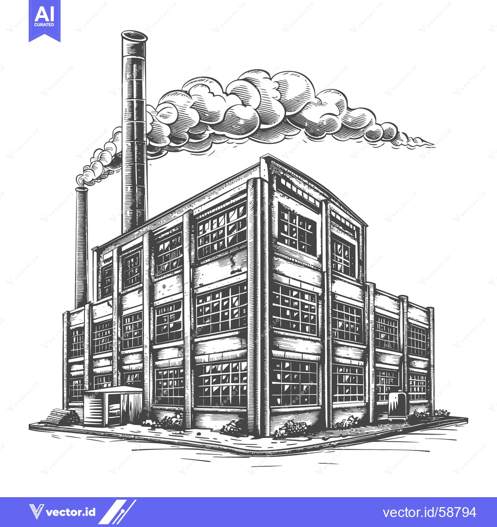 Premium Vector dari Detailed grayscale illustration of a large industrial factory building